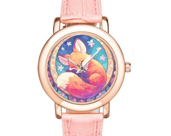 Cute Baby Fox Watch with Rose Gold Plated Bezel and Pink Leather Band, Pastel Goth Watches for Women and Kids - Kawaii Gift to Fox Lovers
