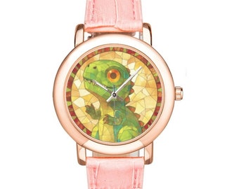 T-Rex-horloge, roségouden ring, roze leren band, kawaii dinosauruscadeau