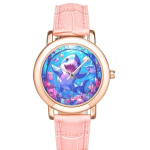 Cute Shark Watch with Rose Gold Plated Bezel and Pink Leather Band, Pastel Goth Watches for Women and Kids - Kawaii Gift to Shark Lovers