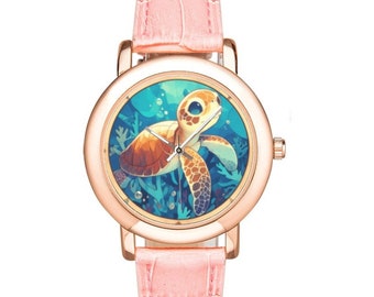 Cute Turtle Watch with Rose Gold Plated Bezel and Pink Leather Band, Pastel Goth Watches for Women and Kids - Kawaii Gift to Turtle Lovers