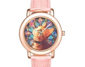 Cute Yellow Cat Watch with Rose Gold Plated Bezel and Pink Leather Band, Pastel Goth Watches for Women and Kids - Kawaii Gift to Cat Lovers