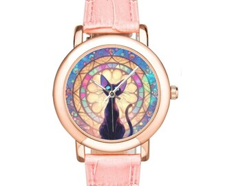 Reloj Black Cat: bisel de oro rosa, correa de cuero rosa - Kawaii Pastel Goth