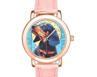 Dachshund Watch: Rose Gold Bezel, Pink Leather Band