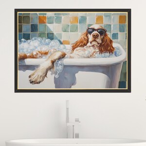 May include: A brown and white dog wearing sunglasses is relaxing in a white bathtub filled with bubbles. The dog is looking directly at the viewer. The bathtub is in a tiled bathroom.