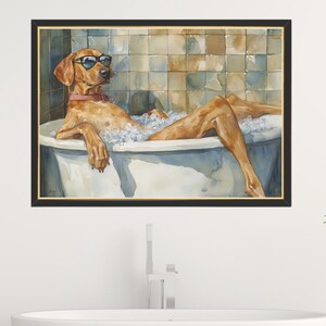 May include: A watercolor painting of a dog wearing sunglasses relaxing in a bathtub filled with bubbles.