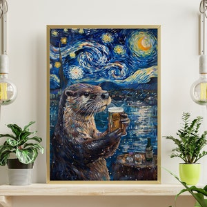 May include: A painting of a starry night sky with a brown otter holding a glass of beer. The otter is wearing a blue shirt and is standing on a wooden platform. The painting is framed in gold.