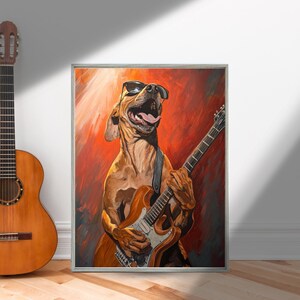 May include: A painting of a dog wearing sunglasses and playing a guitar. The dog is brown and has a happy expression. The guitar is black and has a white pickguard. The background is a red and orange gradient.