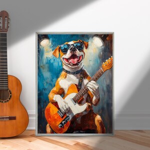 May include: A painting of a dog wearing sunglasses and playing a guitar. The dog is brown and white with a black collar. The guitar is orange and brown with a white pickguard. The background is blue and green with spotlights.