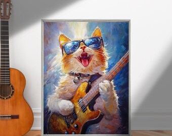 Siberian Cat Rock Star Jigsaw Puzzle: Musician Cat Playing Guitar