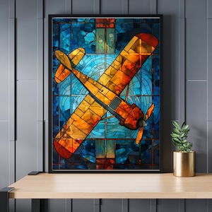 May include: A stained glass style artwork depicting a yellow airplane with orange accents flying against a blue and green background.
