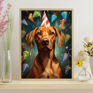 May include: A brown and tan dog wearing a red and white party hat. The dog is surrounded by colorful confetti and balloons.