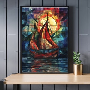 Pode incluir: Uma obra de arte emoldurada em estilo vitral retratando um veleiro na água com um grande sol ao fundo. A obra apresenta cores vibrantes, incluindo vermelho, laranja, azul e amarelo. O veleiro tem velas vermelhas e um casco marrom.