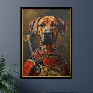 May include: A brown and tan Rhodesian Ridgeback dog wearing a red and gold samurai armor with a sword behind it. The dog is looking directly at the viewer with a serious expression.