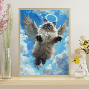 May include: A white cat with blue eyes and a halo floats in the clouds with angel wings. The cat is looking at the viewer.