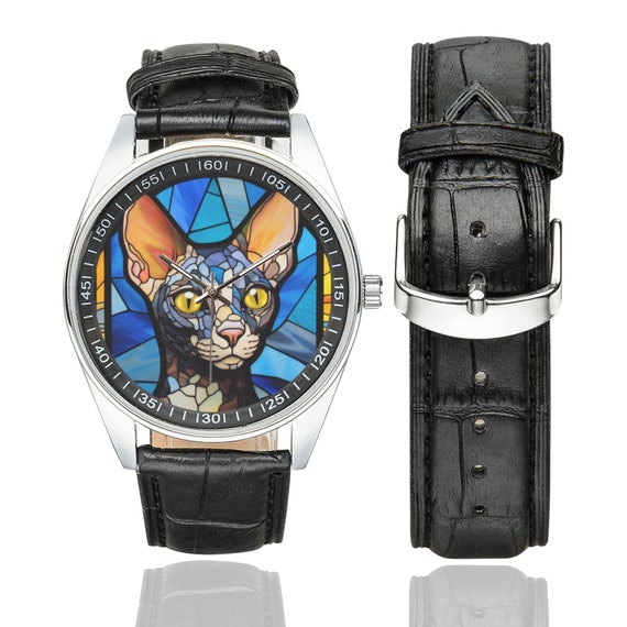 Stained Glass Cornish Rex Cat Watch: Black Leather Band  display picture 3