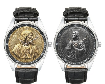 Reloj con medalla de Jesucristo: estilo moneda de oro y plata, correa de cuero negro.