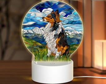 Stained Glass Collie Night Light: Acrylic LED Decor for Dog Lovers
