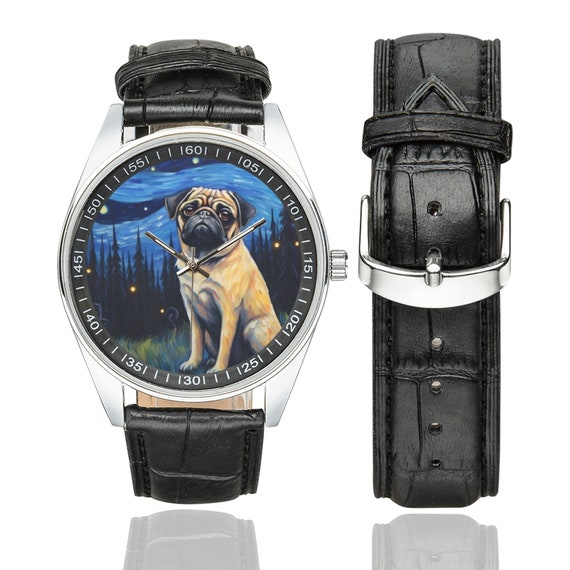 Starry Night Pug Watch With Black Leather Band Watches for Men and Women Perfect Gift for Pug Lovers Etsy