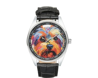 Modernistische Yorkshire-Terrier-Uhr mit schwarzem Lederarmband, Uhren für Männer und Frauen – perfektes Geschenk für Yorkshire-Terrier-Liebhaber