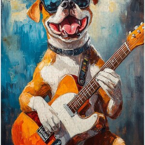 May include: A brown and white dog wearing sunglasses plays a bright orange electric guitar with a white pickguard. The dog has a happy expression and is wearing a black collar. The background is a blue and white abstract painting.