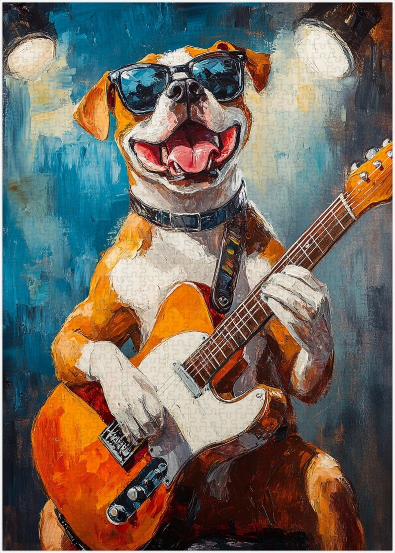 May include: A brown and white dog wearing sunglasses plays a bright orange electric guitar with a white pickguard. The dog has a happy expression and is wearing a black collar. The background is a blue and white abstract painting.