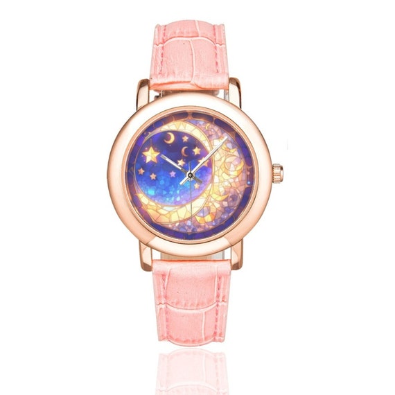 Montre Starry Moon lunette en or rose, bracelet en cuir rose