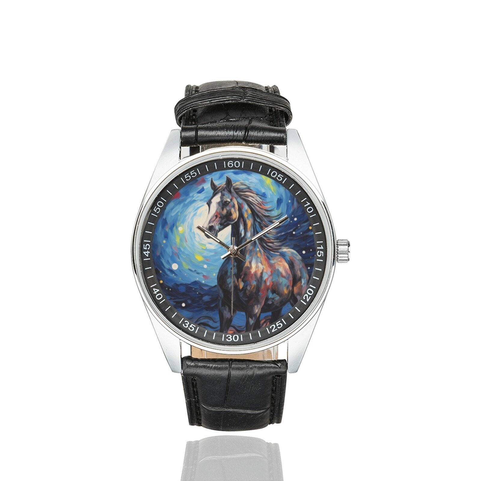 Starry Night Horse Watch: Black Leather Band, Equestrian Gift