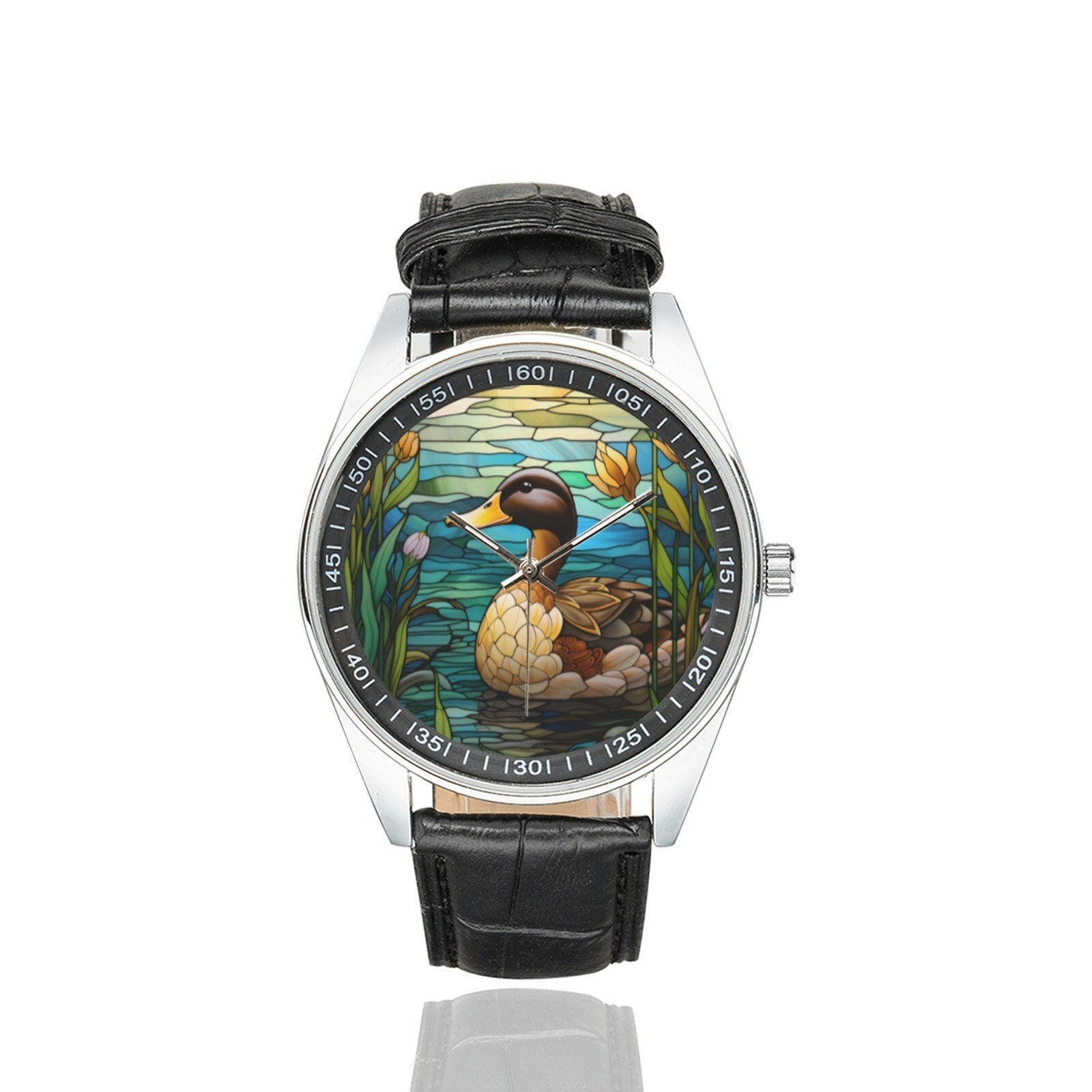 Stained Glass Duck Watch with Black Leather Band, Watches for Men and Women - Perfect Gift for Duck Lovers