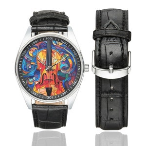May include: A black leather wristwatch with a silver case and a colorful stained glass design of a violin on the face. The watch face has numbers from 40 to 160.