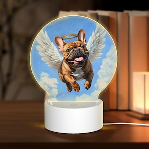 Round Shaped Acrylic Panel Angel Brown French Bulldog Night Light - Pet Memorial Decor, LED Light Sign for Brown French Bulldog In Heaven