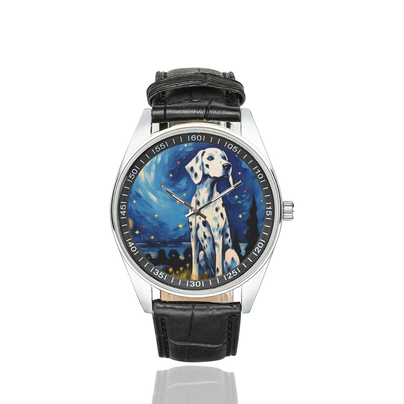 Starry Night Dalmatian Watch: Black Leather Band, Stainless Steel