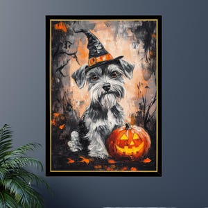 Puzzle di Halloween con Schnauzer nano: ritratto di un costume da zucca per animali domestici