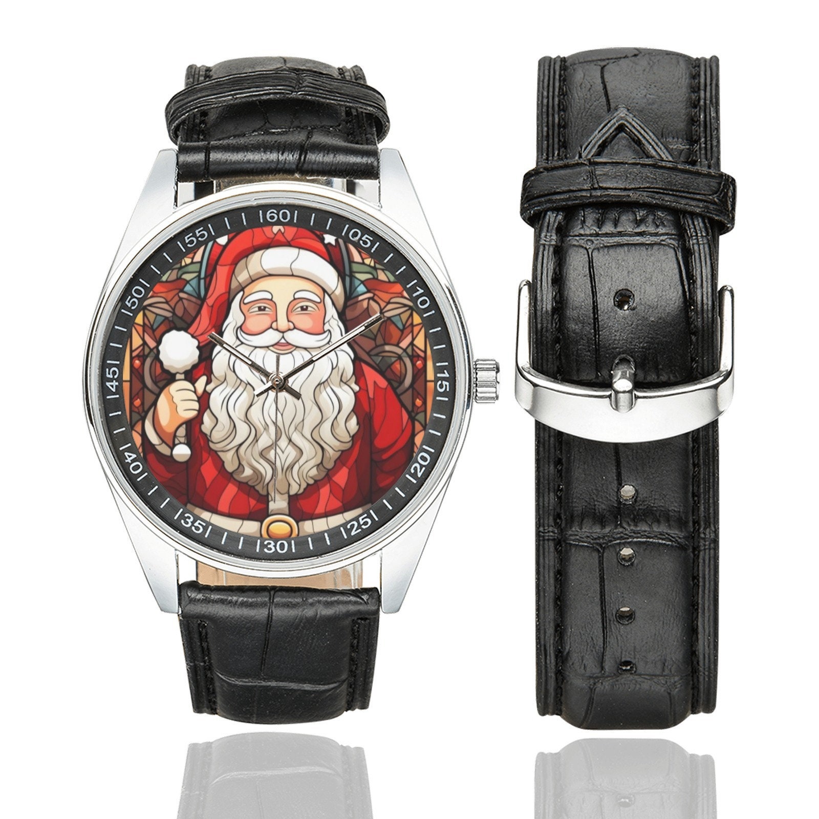 Stained Glass Santa Claus Watch With Black Leather Band