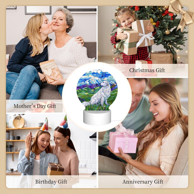 May include: A white snow globe with a white dog inside. The snow globe is on a white base and has a blue and green mountain scene in the background. The snow globe is a gift idea for Mother's Day, Christmas, birthdays, and anniversaries.