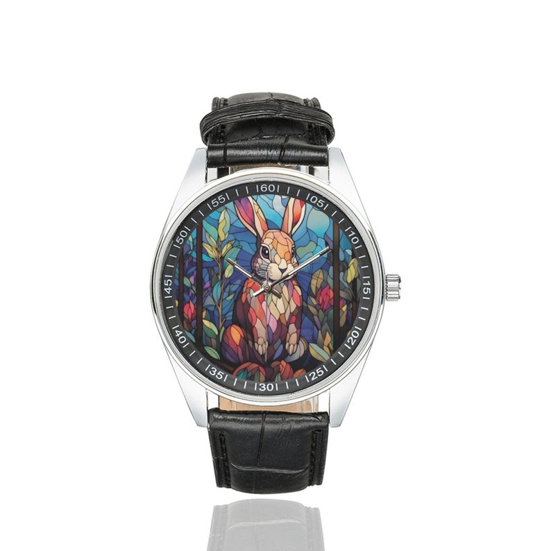 Reloj de conejo de vidrieras con correa de cuero negro, relojes para hombres y mujeres, regalo perfecto para los amantes de los conejos imagen 1