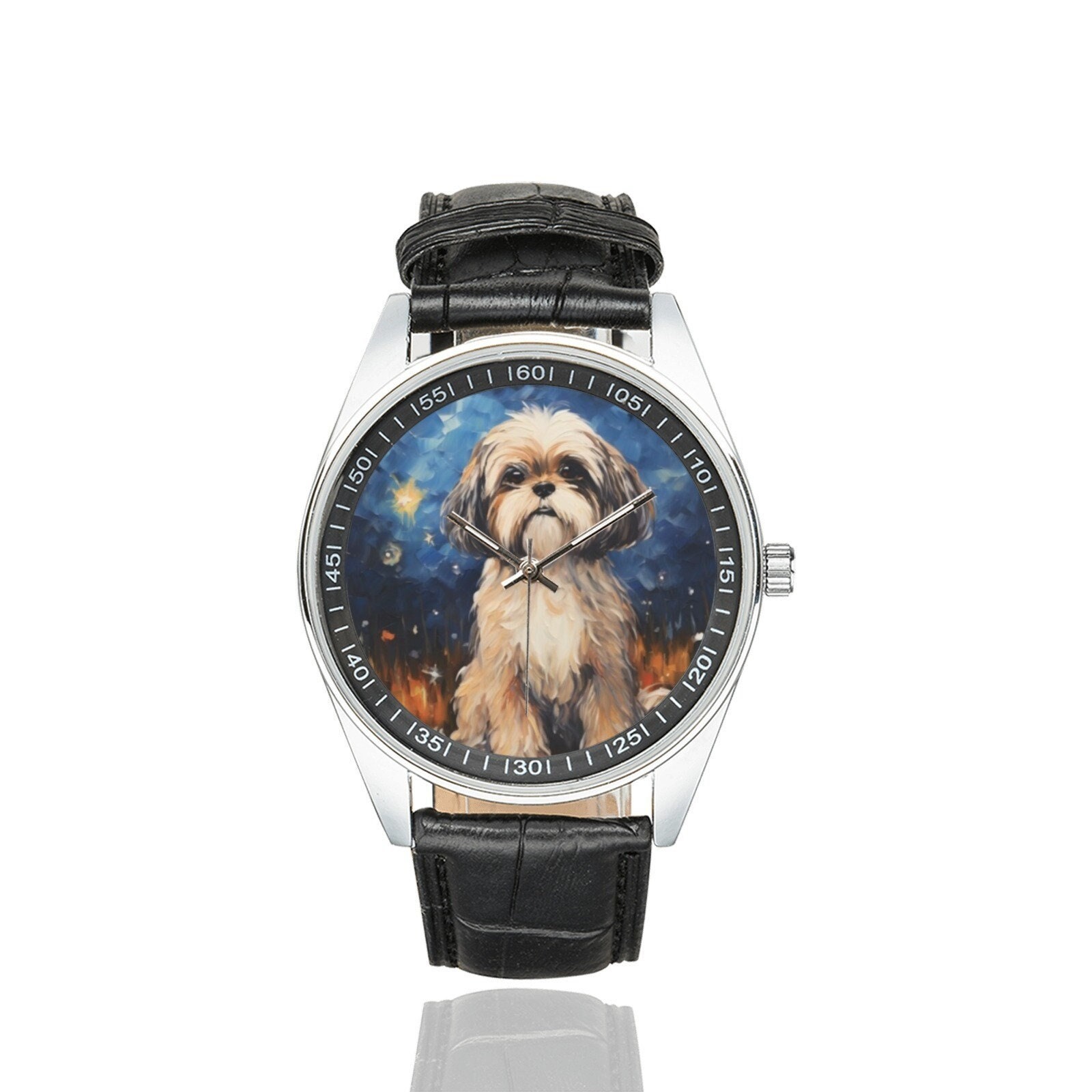 Starry Night Shih Tzu Watch With Black Leather Band, Watches