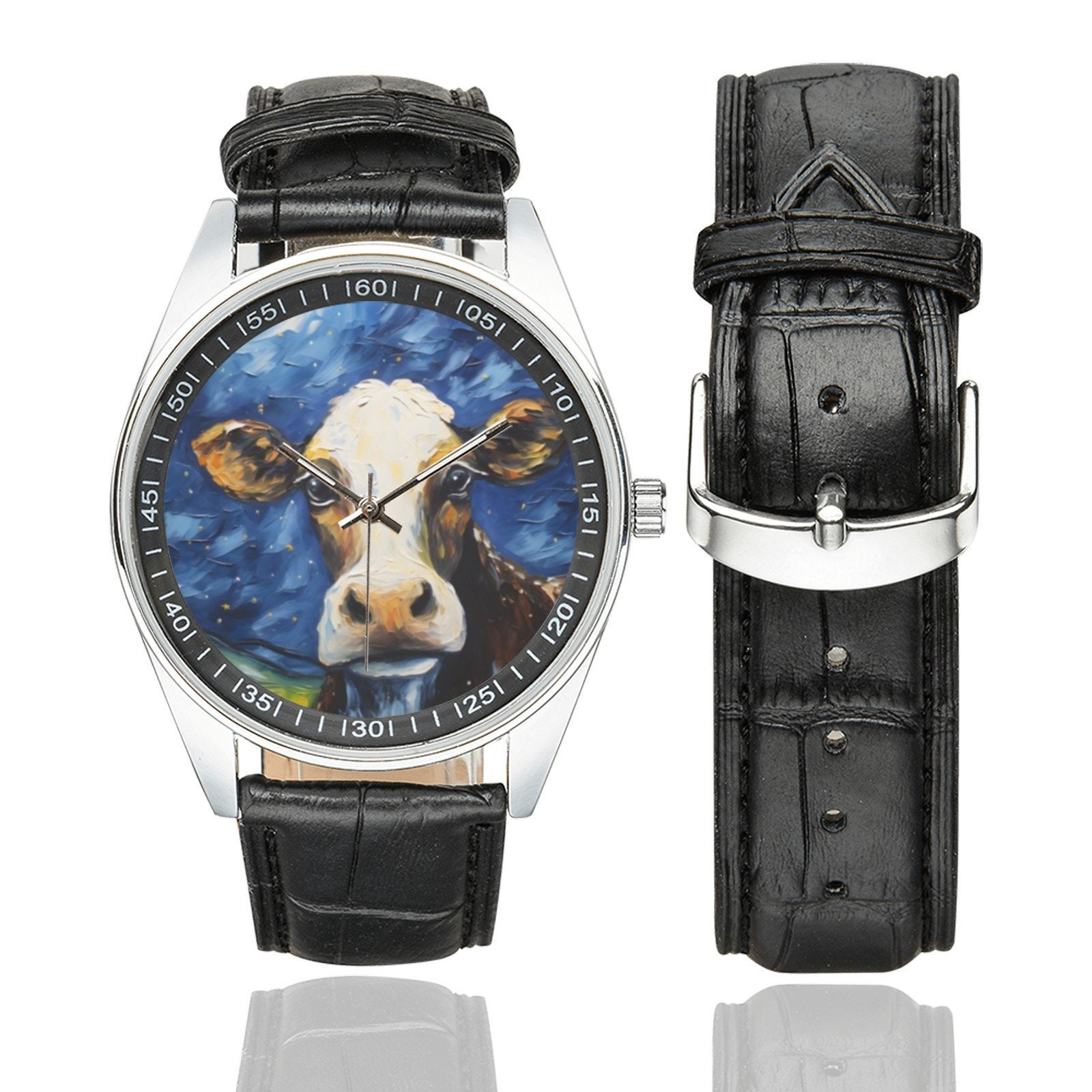 Starry Night Cow Watch: Black Leather Band, Stainless Steel Case