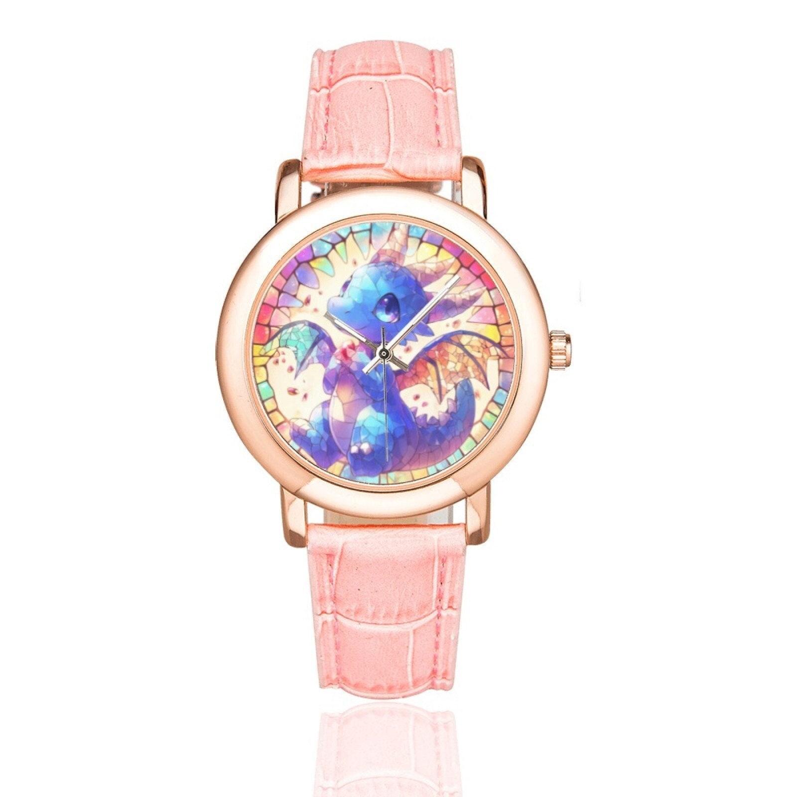 Cute Baby Dragon Watch With Rose Gold Plated Bezel and Pink 