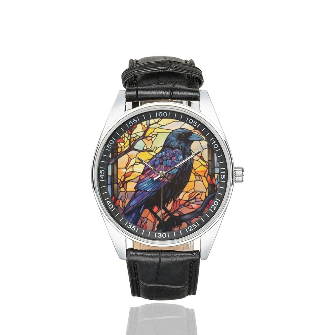Stained Glass Crow Watch With Black Leather Band, Watches for Men and