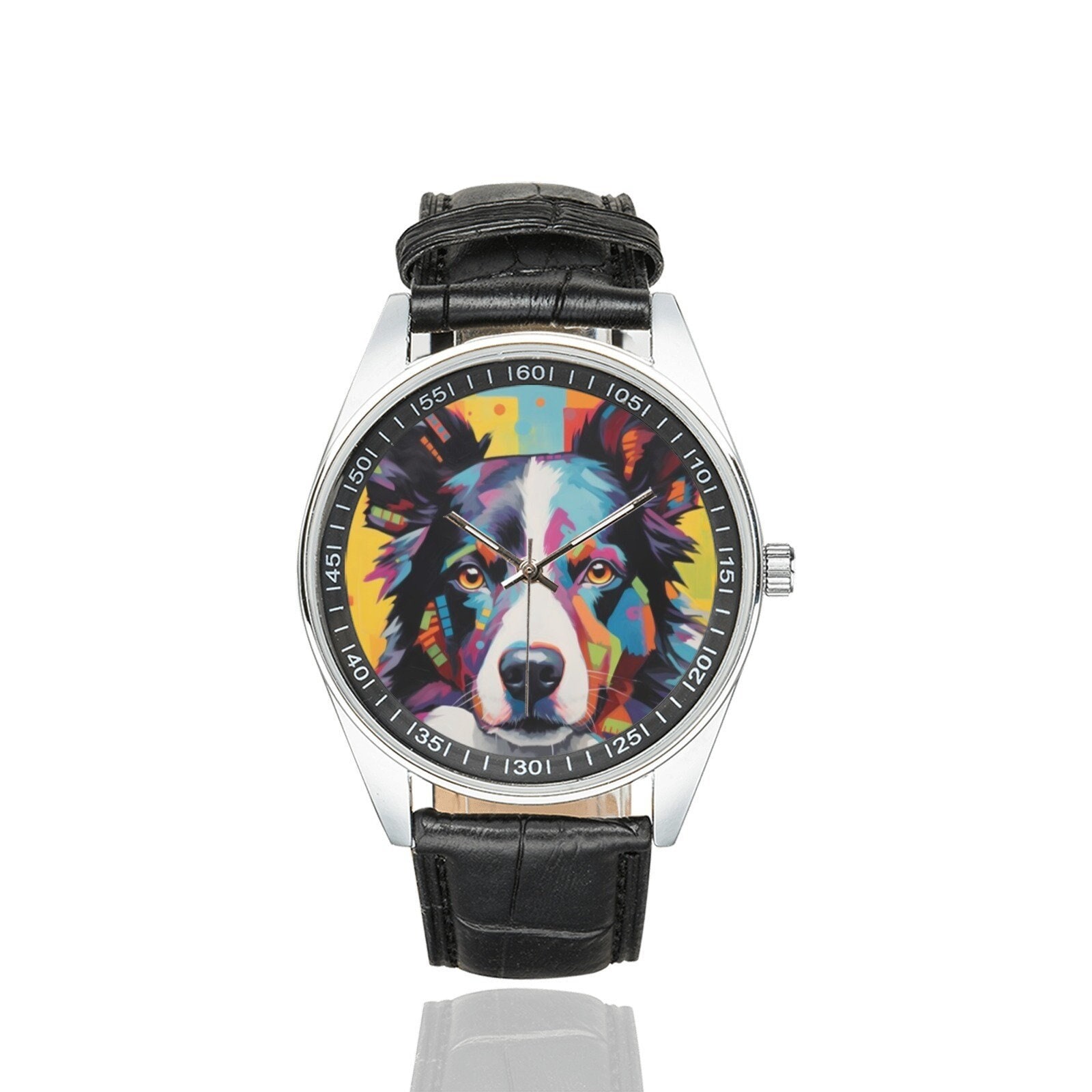 Reloj modernista de Border Collie: correa de cuero negro, regalo
