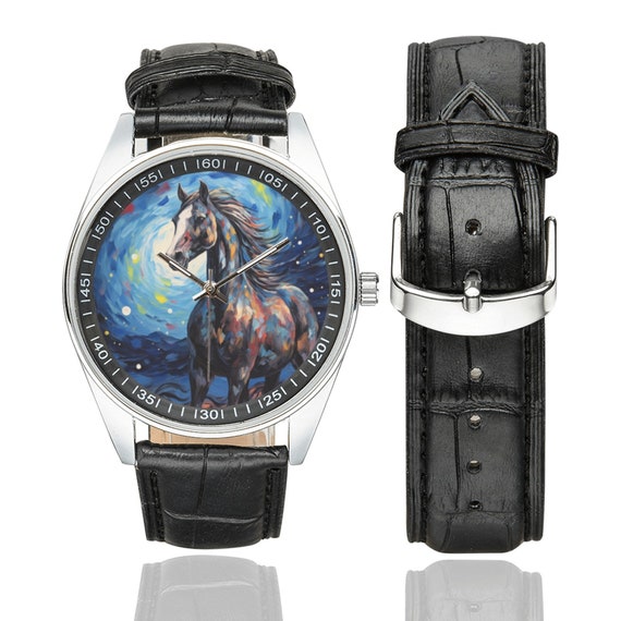 Starry Night Horse Watch With Black Leather Band, Watches for Men