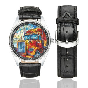 Stained Glass Truck Watch: Black Leather Band, Gift for Trucker image 2