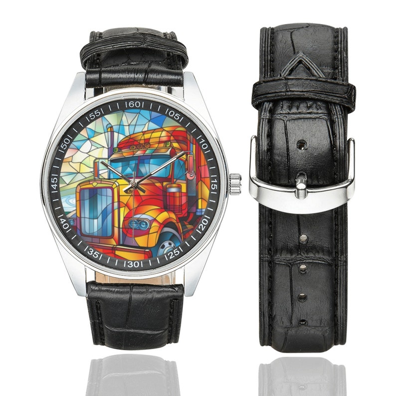 Stained Glass Truck Watch: Black Leather Band, Gift for Trucker image 2
