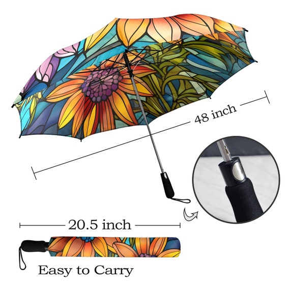 Ombrello Pieghevole Automatico Con Stampa Vetro Colorato Goccia Di Neve, Unisex, Multicolore