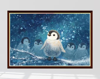 以下が含まれることがあります： 5羽の漫画のペンギンが描かれた額入りのアートプリント。中央のペンギンは大きく、白とグレーの体をしており、4羽の小さなペンギンに囲まれています。背景は青い雪景色で、茶色のフレームが付いています。