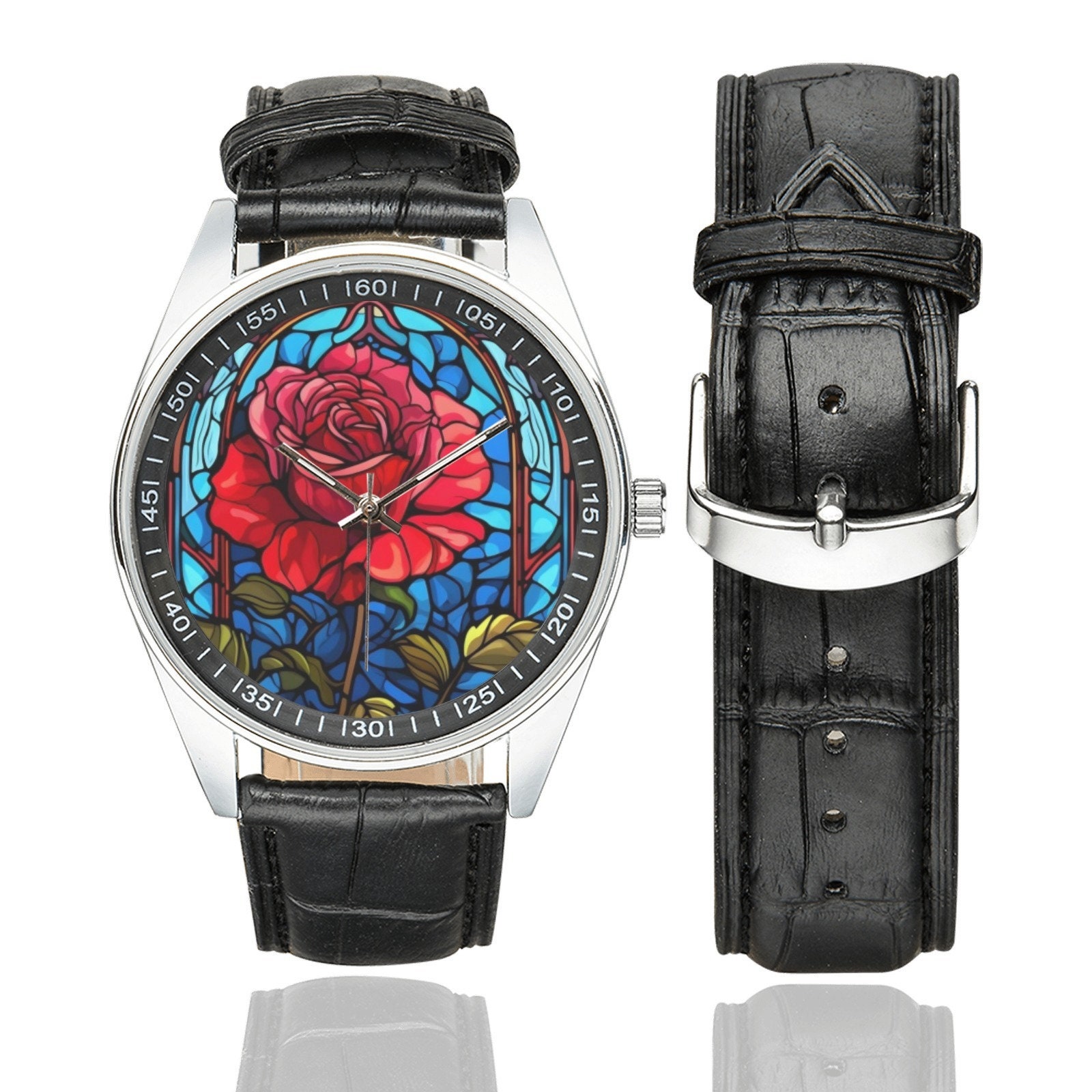 Stained Glass Rose Watch: Black Leather Band, Floral  display picture 1