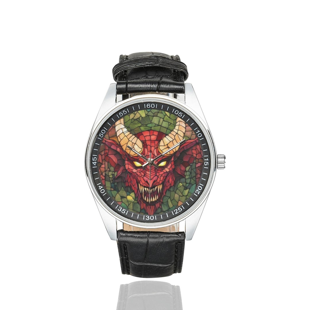 Devilious Watch Stained Glass Style Watch: Red Devil Design, Black Leather Band - Etsy