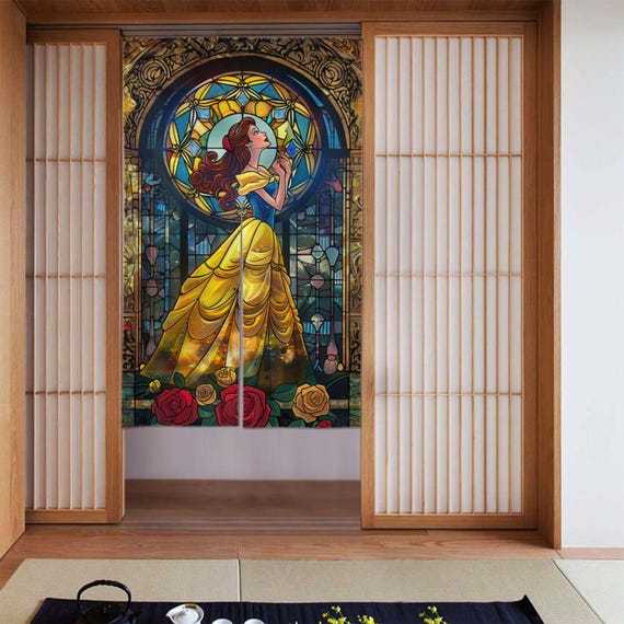 ステンドグラス ベル（美女と野獣）玄関カーテン（86×143 cm