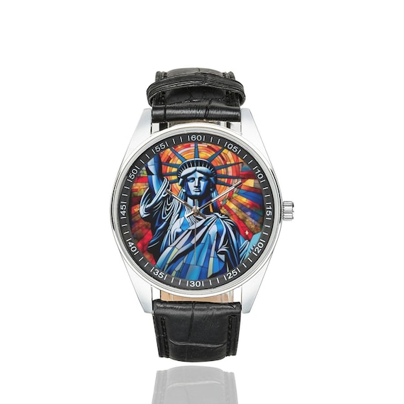 Reloj de vidrieras de la Estatua de la Libertad con correa de cuero negro relojes para hombres y mujeres regalo perfecto para los amantes de la Estatua de la Libertad Etsy