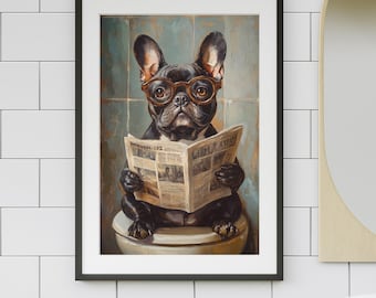 French Bulldog on Toilet Jigsaw Puzzle 300/500/1000 Piece - Quirky Dog Reading Newpaper with Glasses - Best Dog Bathroom Decor Puzzles